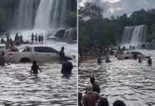 Vídeo – Caminhonete desgovernada desce trilha e invade área de banhistas em cachoeira