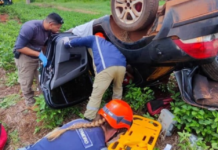 Capotamento na MT-242 deixa 5 feridos e mobiliza helicóptero do Ciopaer