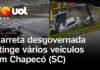 Veja Vídeo – Carreta desgovernada provoca engavetamento com 8 veículos e deixa feridos em Santa Catarina;