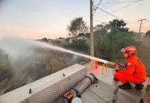 Corpo de Bombeiros combate incêndio em vegetação de terreno baldio